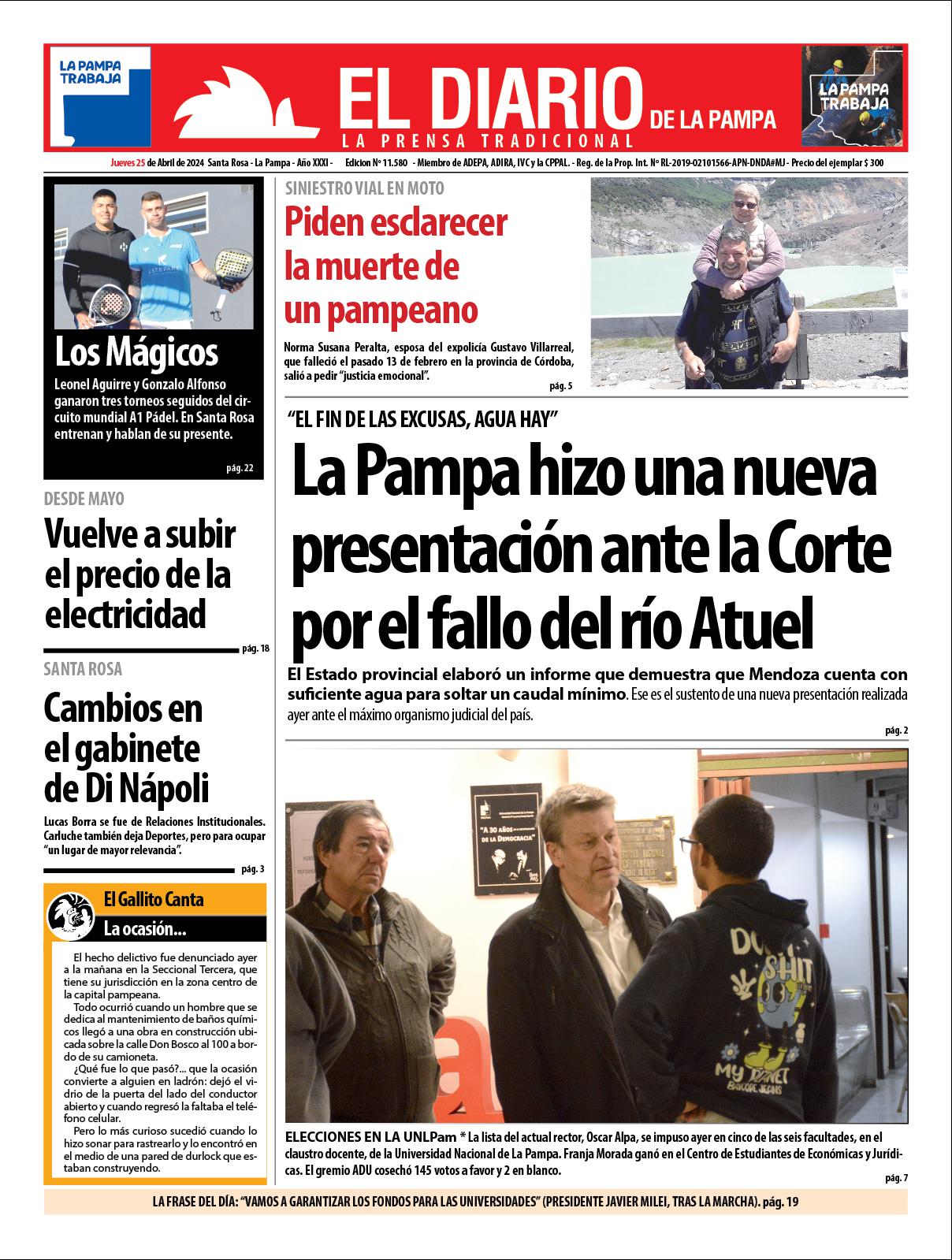 Tapa de El Diario en papel  jueves 25 de abril de 2024